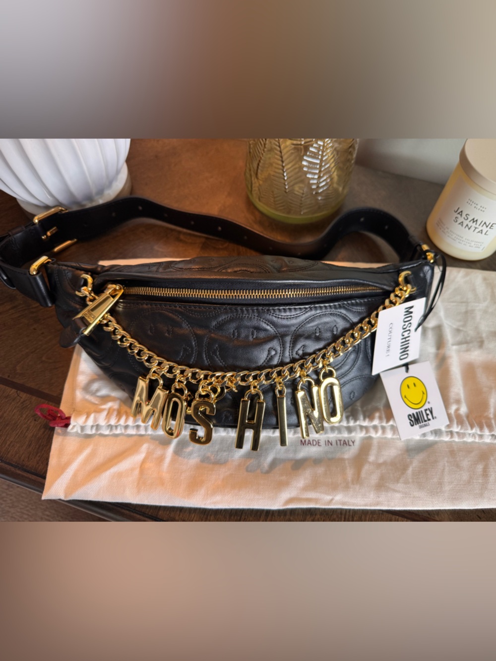 Moschino Black Quilted Leather Crossbody with Gold Logo Chain - Picture 4 of 15